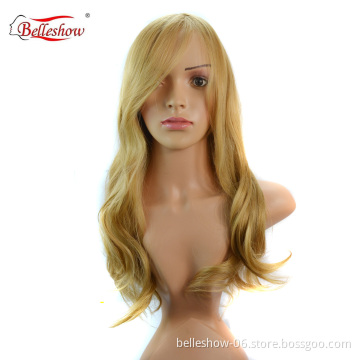 Hot sell long sloping hair curtain gold wavy wig  synthetic fiber hair wig for young women